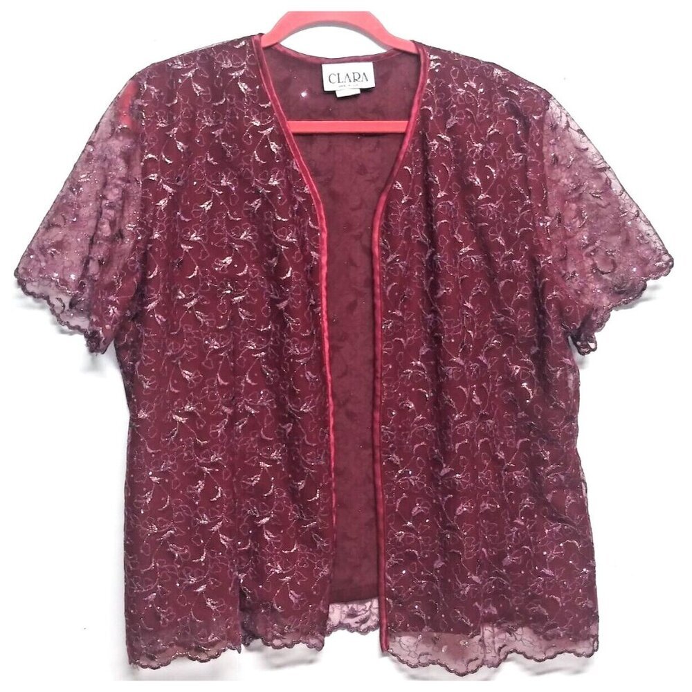 VTG Clara Top Size 2X front open wine gold violet color Sheer lined Embroidered